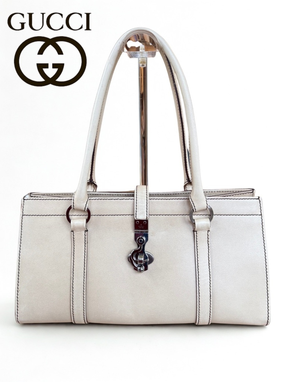 Gucci Vintage Off-White Leather Dog-Leash Clasp Tote Shoulder Bag & COA